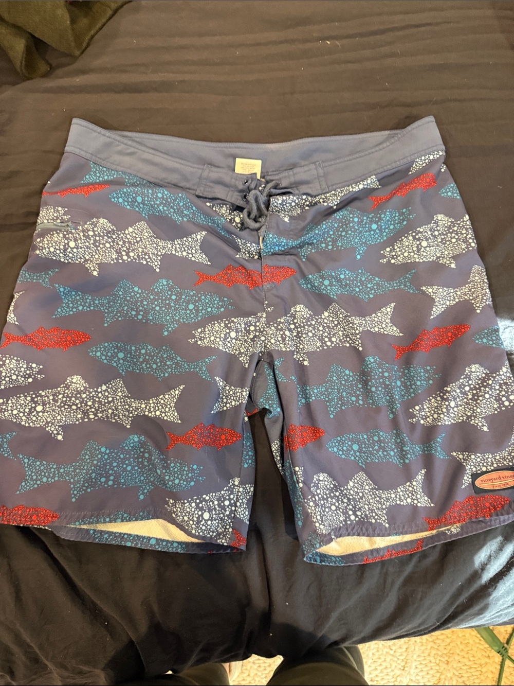 Vineyard Vines Navy Board Shorts with Red & Teal Shark Pattern